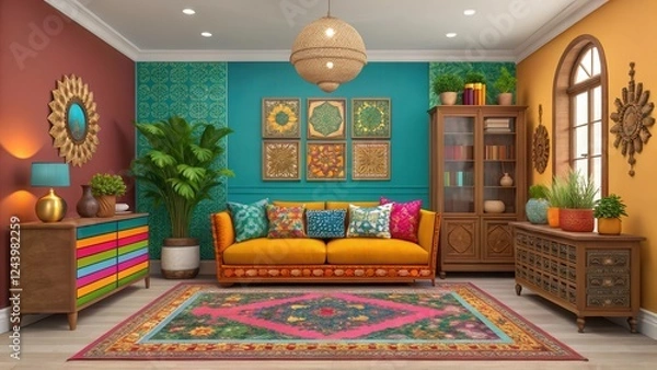 Obraz Vibrant Bohemian Style Luxury Home Adorned With Colorful Decor and Eclectic Furnishings. Generative AI