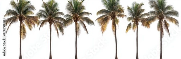 Fototapeta Seven palm trees stand tall against a bright white background, their fronds gently swaying in a soft breeze