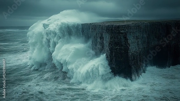 Fototapeta Dramatic ocean waves crashing against coastal cliffs