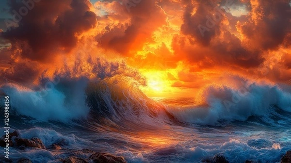 Fototapeta Dramatic ocean waves crashing during vibrant sunset