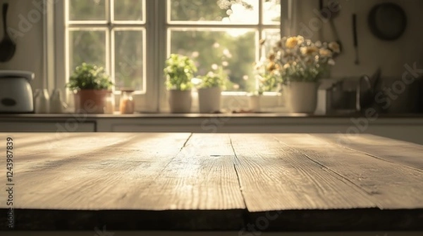 Fototapeta A fresh and airy kitchen scene featuring a weathered white wood table, with warm sunlight streaming through a softly blurred summer window.