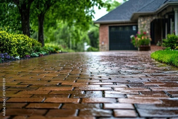 Fototapeta Textured brick driveway illuminated by water droplets after a refreshing rain in a residential area. Generative AI
