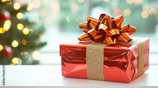 Fototapeta A beautifully wrapped red gift with a golden ribbon and a shiny bow, set against a softly lit festive background.