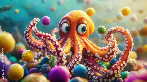 Fototapeta Colorful Octopus Exploring Vibrant Underwater Environment Filled With Curious Spheres During a Sunlit Afternoon