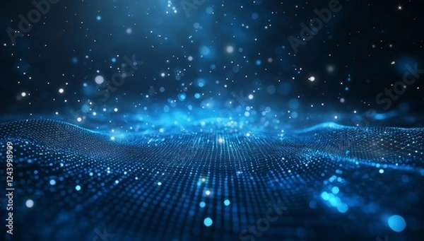 Obraz Blue digital wave particles glowing, dark background, abstract tech design