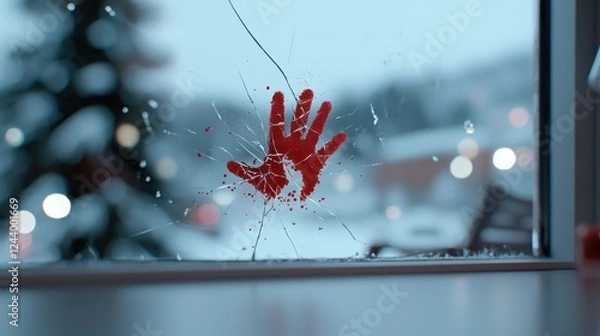 Fototapeta Red Handprint on Broken Windowpane Winter Night Scene