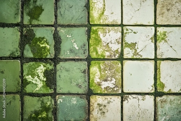 Fototapeta Tiled pool floor covered in algae showing neglect and lack of maintenance in summer season. Generative AI
