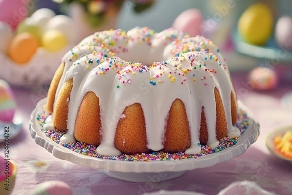 Fototapeta Delightful traditional Easter cake adorned with icing and colorful sprinkles for festive celebration. Generative AI