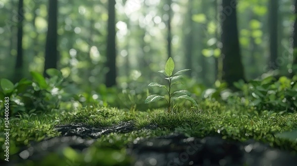 Fototapeta Sapling growing in mossy forest, sunlight
