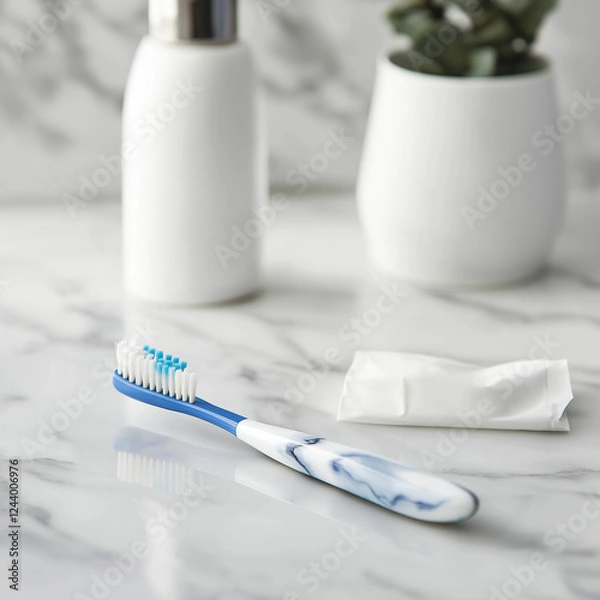 Fototapeta A close-up of a toothbrush and toothpaste on a countertop in a dental office, clean and minimalistic setup