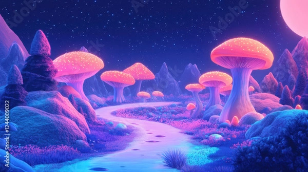 Fototapeta Vibrant Mushroom Forest Under a Starry Sky at Twilight With Glowing Fungi and Winding Pathway