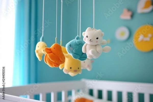 Fototapeta Vibrant mobile with soft plush toys hanging above crib in a colorful nursery. Generative AI