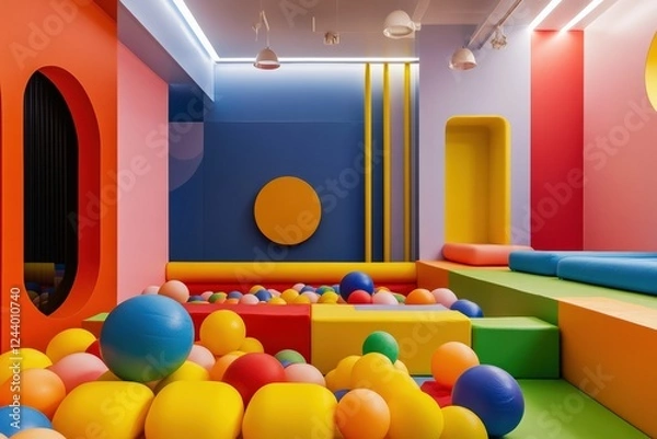 Fototapeta Vibrant play area featuring colorful ball pit and soft seating for children to enjoy interactive fun. Generative AI