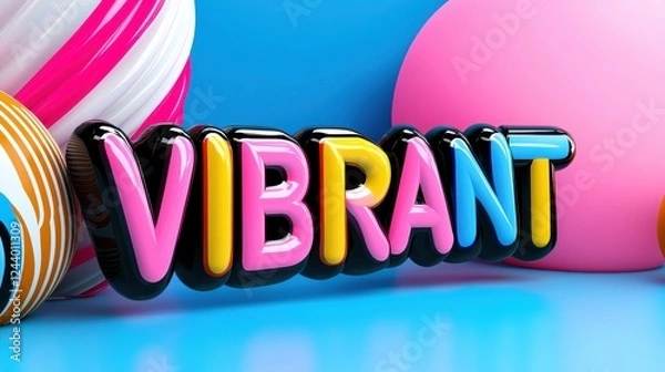 Fototapeta Vibrant 3D Text with Colorful Spheres on Blue Background