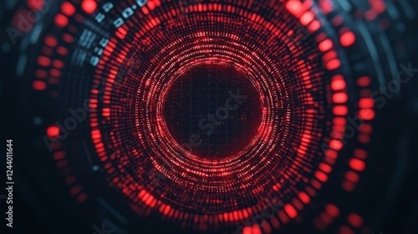 Fototapeta A vibrant, abstract design featuring concentric red circles and a dark background, evoking a sense of depth and technology.