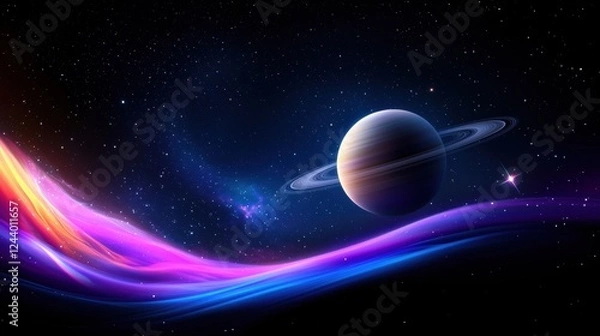Fototapeta Vibrant Cosmic Planet With Rings In A Starry Galaxy