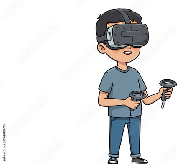 Fototapeta Illustration of a young boy using Vr headset and controllers, isolated on white background
