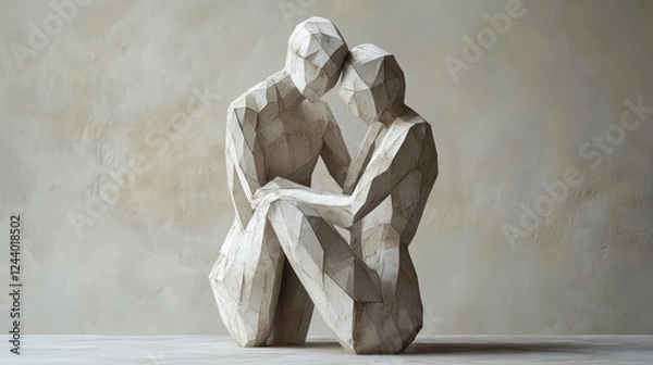 Obraz Emotional Connection Represented in a Geometric Sculpture of Two Figures Embracing in a Serene Indoor Setting