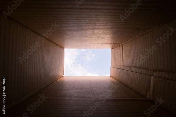 Fototapeta Concept image "Thinking Outside the Box" - Inside a cardboard with clear sky