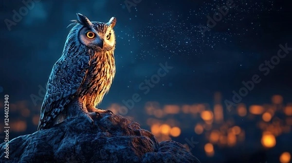 Fototapeta Biomechanical owl camouflaged against a glowing cybernetic wall, silent observer, 3D illustration