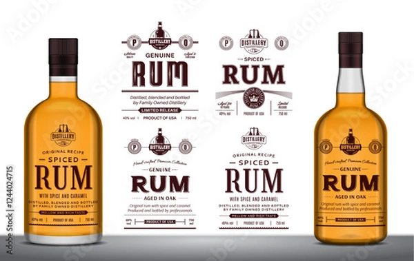 Fototapeta Vector spiced rum minimalistic labels and rum glass bottle mockups