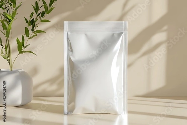Fototapeta Elegant White Pouch Mockup Minimalist Design with Plant Shadows for a Natural Product Presentation