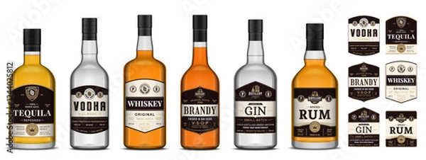 Fototapeta Vector alcoholic drink labels and bottles. Whiskey, vodka, tequila, rum, brandy and gin labels