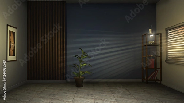 Fototapeta Home office, virtual studio background. A natural 3D render backdrop, ideal for online lessons, courses, product reviews, diy tutorials etc. Suitable on VR stage sets, with green screen