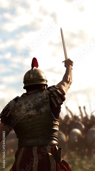 Obraz A Roman centurion standing in front of his troops, raising his sword to signal the start of a great battle.


