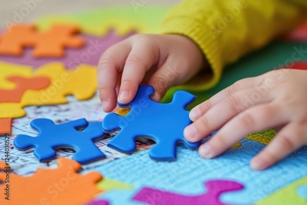 Fototapeta A young child sits at a table with a puzzle piece in hand, focused on the task of fitting it into place