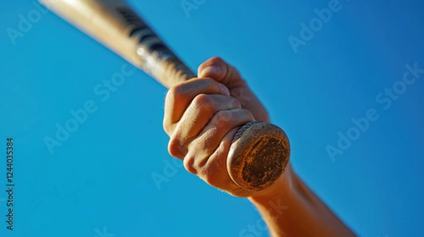 Obraz Close-Up of a Hand Gripping a Baseball Bat Under a Clear Blue Sky