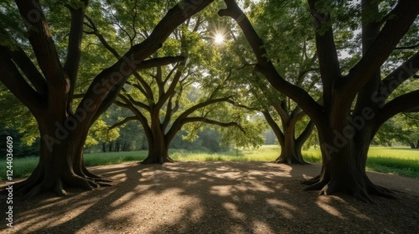 Fototapeta Sunlight Filtering Through Large Trees in Serene Nature Scene