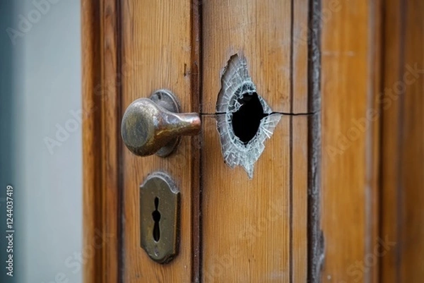 Fototapeta Broken wooden door handle with damage and signs of forced entry at a residence. Generative AI