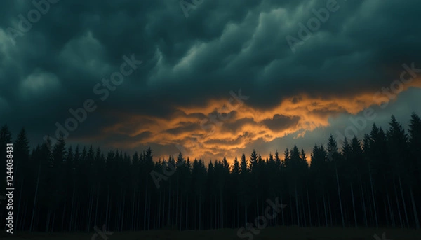 Fototapeta view of a forest with dramatic clouds and a fiery sunset