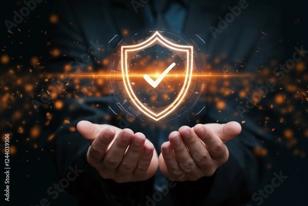 Fototapeta Concept of digital security represented by a glowing shield and a checkmark in someone's hands showcasing protection and trust