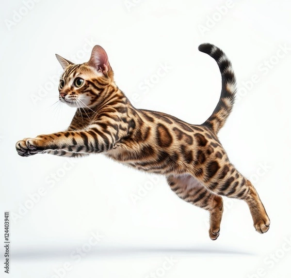 Fototapeta A Playful Bengal Cat in Mid-Air Leap, Captivating Pose Showcasing Athleticism and Graceful Movement in a Light Background Environment