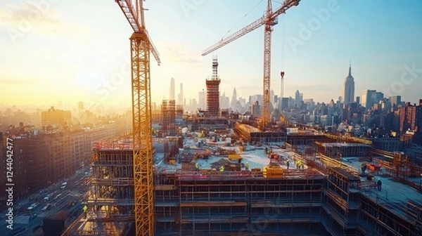 Fototapeta A bustling construction site at sunset, featuring cranes and a developing skyline, showcasing urban development and architectural progress.
