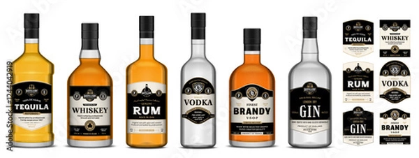 Fototapeta Vector alcoholic drink labels on bottles. Whiskey, vodka, tequila, rum, brandy and gin labels. Distilling business branding and identity design elements