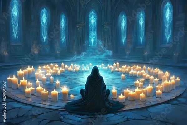 Fototapeta Monk meditating candles gothic cathedral