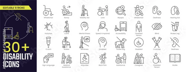Obraz Disability Stroke icon collections. Containing Wheelchair, Ramp, Mobility Aid, Disabled Person, Guide Dog, and more icons. Editable Stroke icon collection Outline icon