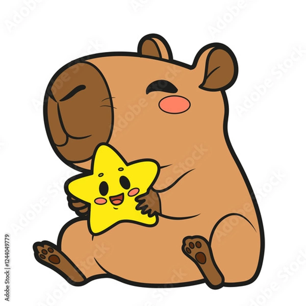Fototapeta Cute cartoon capybara hugs a cute star color variation on white background