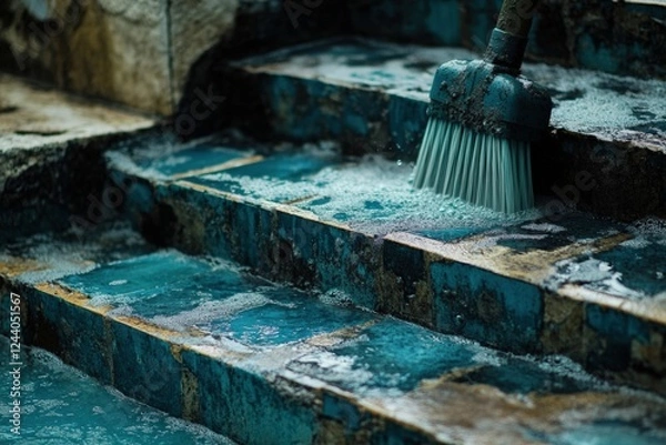 Fototapeta Pool steps being scrubbed to remove grime and restore cleanliness in a backyard setting. Generative AI