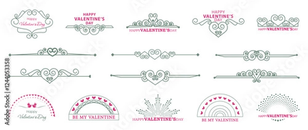 Fototapeta Set of decorative dividers with hearts and congratulatory phrase. Text separators and page decors in pink and gray. Design elements for for Valentine's Day or wedding invitations. Vector illustration.