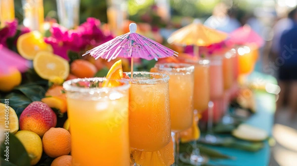 Obraz Colorful Assortment of Tropical Cocktails with Umbrellas Surrounded by Fresh Fruits