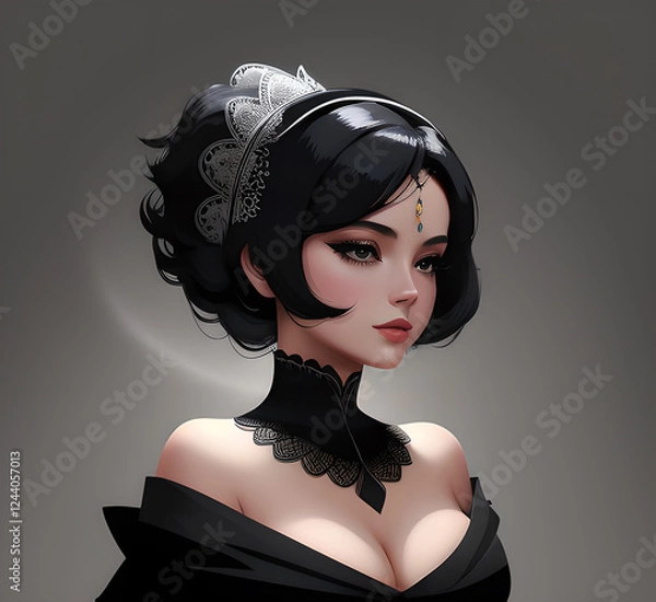 Fototapeta Portrait of a woman in a dress Luxurious dress paired with an elegant evening gown Young woman and crown, on a neutral background fantasy goddess.generative ai