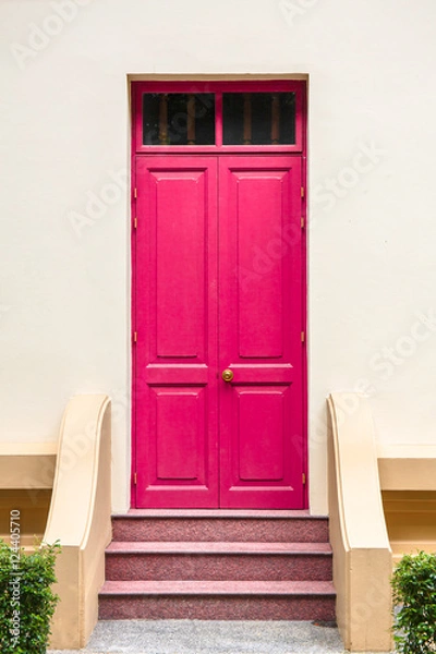 Obraz pink Door  on Cream Wall on pink staircase with small tree