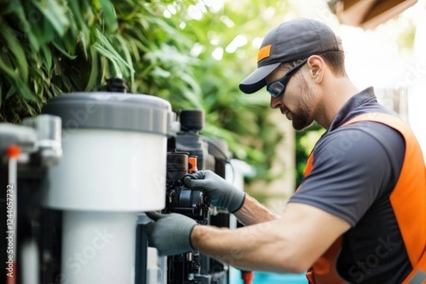 Fototapeta Professional pool maintenance worker inspecting equipment at a residential property in summer. Generative AI