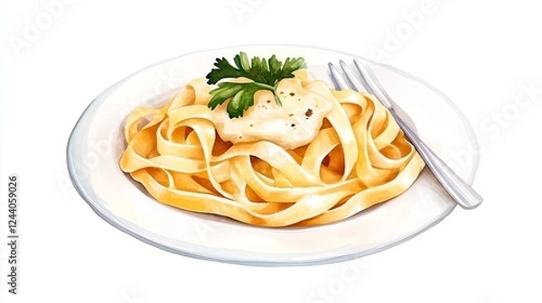 Fototapeta A serving of fettuccine Alfredo, creamy and indulgent, watercolor illustration, soft golden tones, isolated on white background