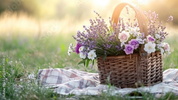 Fototapeta A rustic wooden basket overflowing with freshly-picked lavender