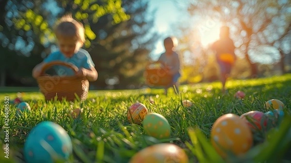 Obraz Easter Festive Photoshoot: Children Searching for Eggs on a Spring Meadow
